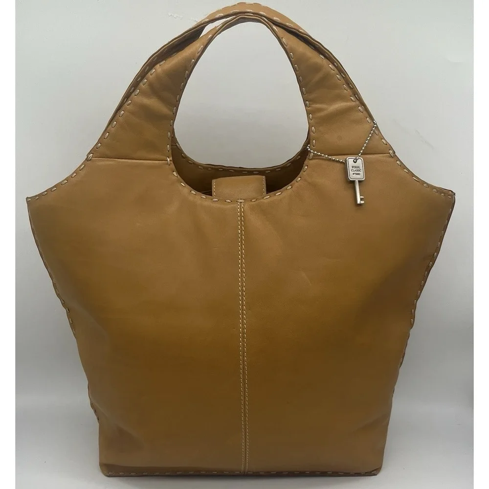 Fossil Classic‎ 75082 Tan Leather Hobo Tote Shoulder Bag With Key